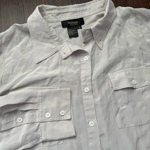 Twiggy London Blouse Womens 1X Beige 100% Silk Button Up Long Sleeve